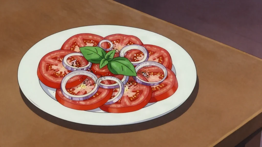 Achichuk, thin-sliced tomato-onion salad served beside plov, Uzbekistan salad & side, anime style