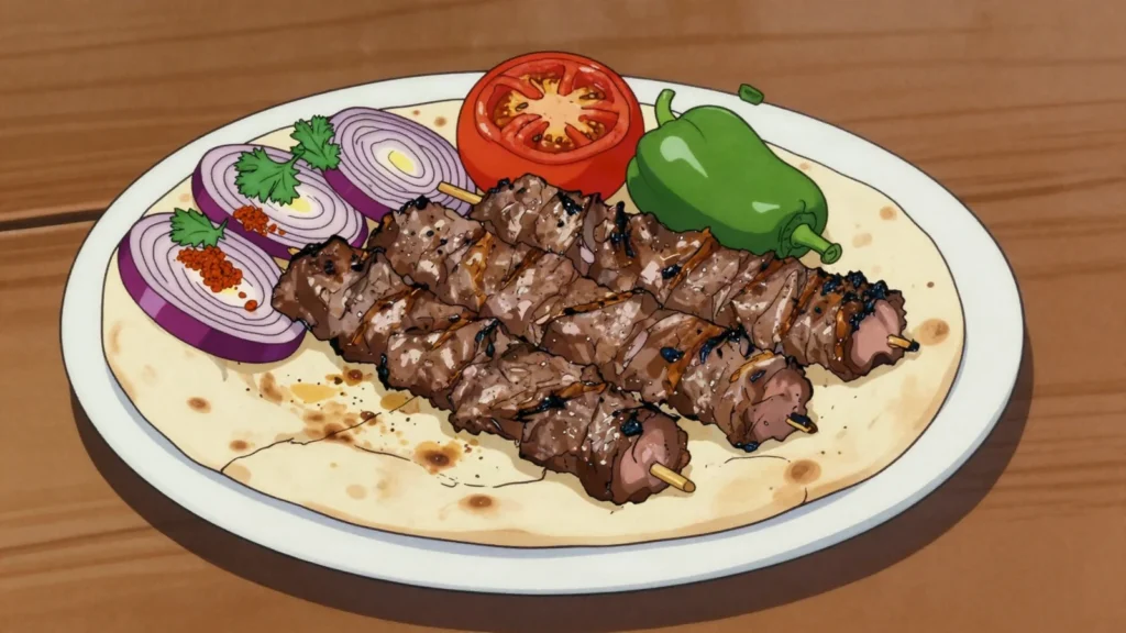 Adana kebab, spicy hand-minced lamb skewer grilled over charcoal, served with sumac onions, Turkey main, anime style