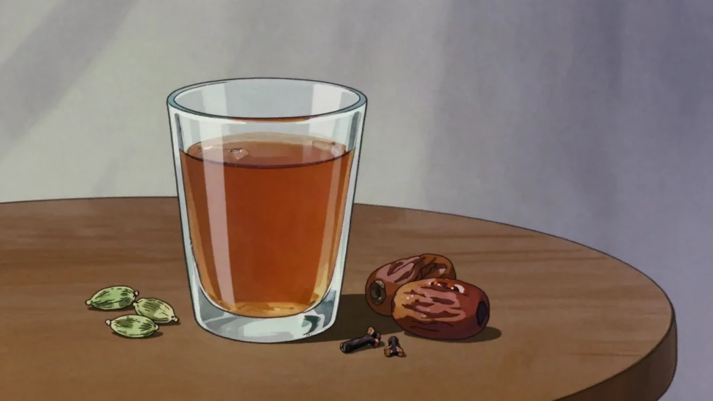 Adeni tea, milky cardamom-clove tea, Aden's sweet signature, Yemen drink, anime style