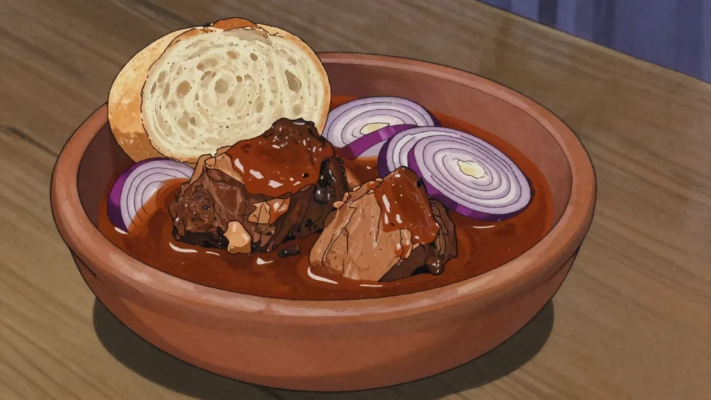 Adobo arequipeño, pork shoulder stewed overnight in chicha de jora and aji panca, Peru main, anime style
