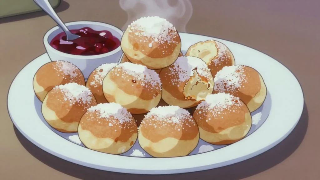 Æbleskiver, sphere pancake puffs with jam and icing sugar, December treat, Denmark dessert, anime style