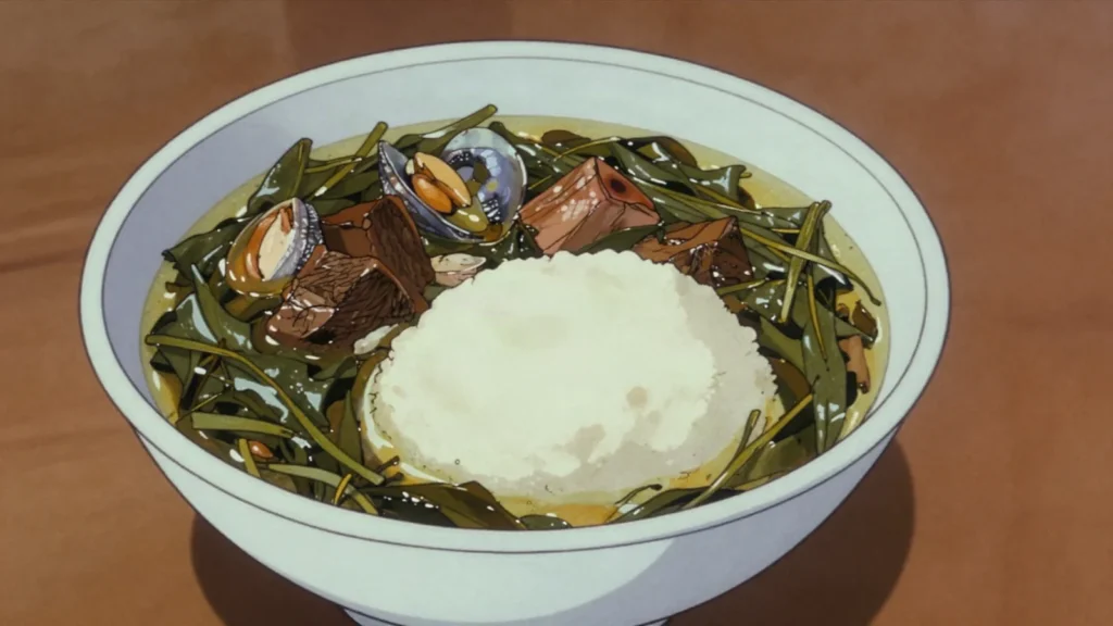 Afang soup, efik soup of afang leaves and waterleaf with periwinkles, Nigeria soup & stew, anime style