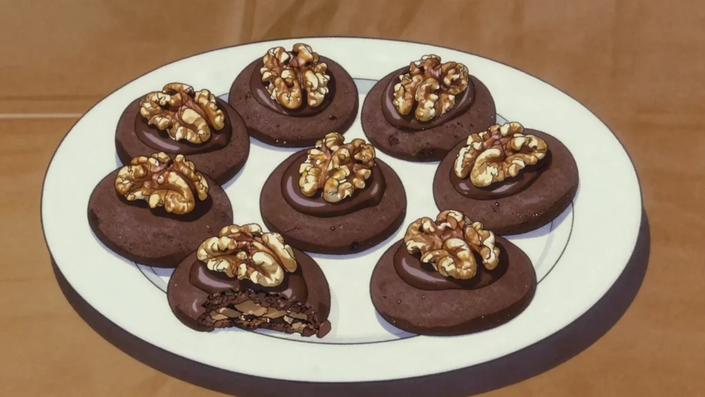 Afghan Biscuit, chocolate cornflake biscuit topped with chocolate icing and a walnut, New Zealand snack, anime style