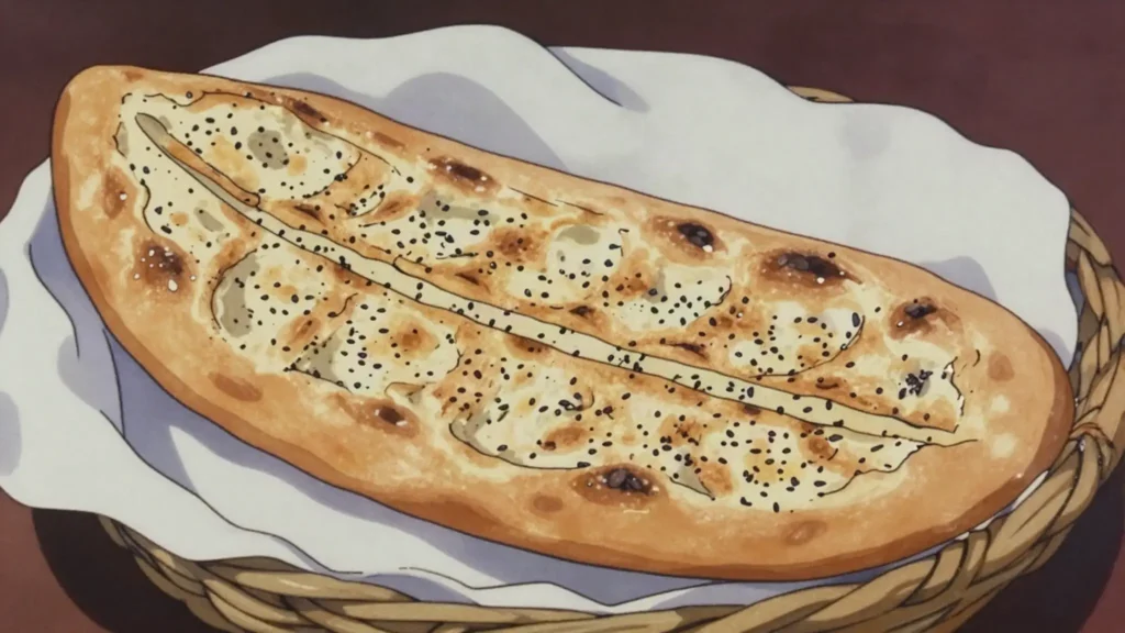 Afghan Bread, long tandoor-baked flatbread dusted with nigella seeds, served at, Afghanistan bread & pastry, anime style