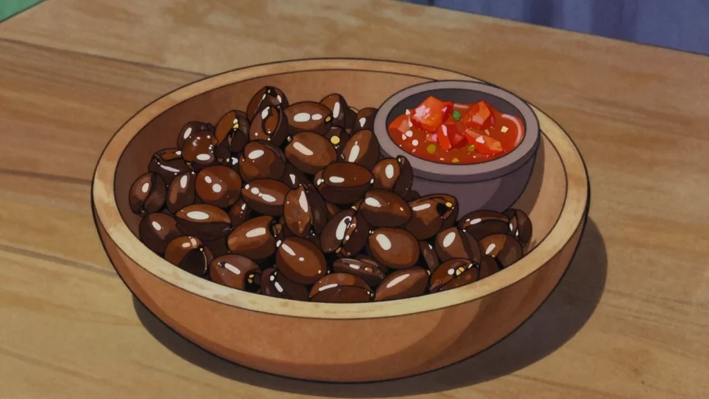 Afitin, fermented African locust bean seeds, dark and pungent, dropped whole into, Benin fermented & pickled, anime style