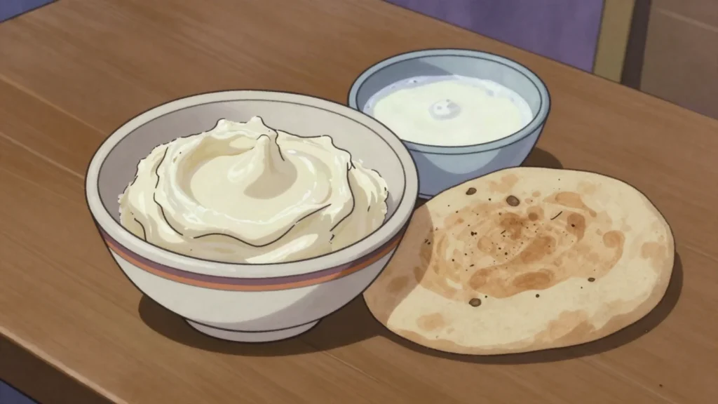 Agaran, thick camel cream skimmed off fermenting chal, Turkmenistan cheese & dairy, anime style