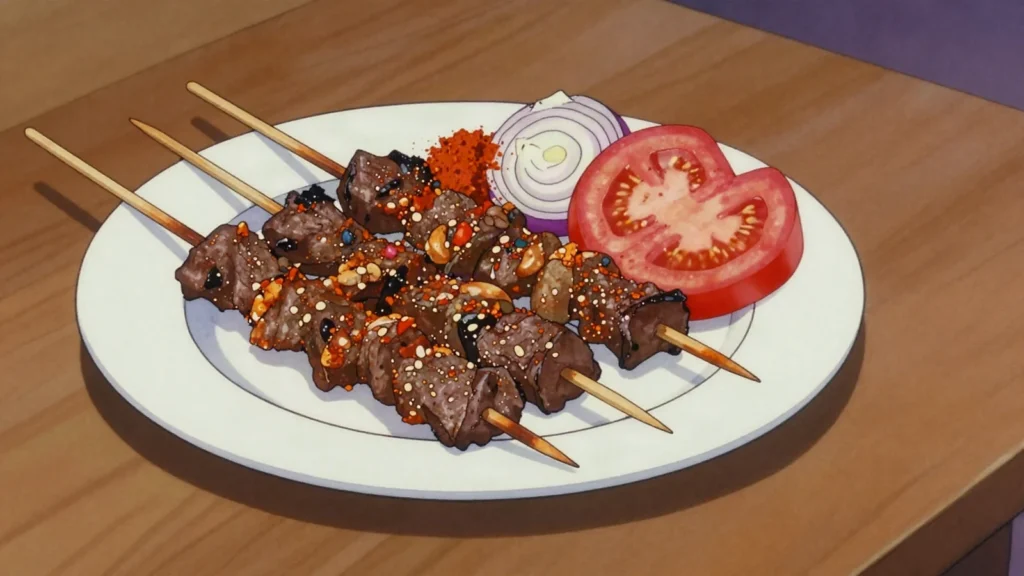 Agashe, skewered meat crusted in peanut-chili spice, grilled, South Sudan street food, anime style