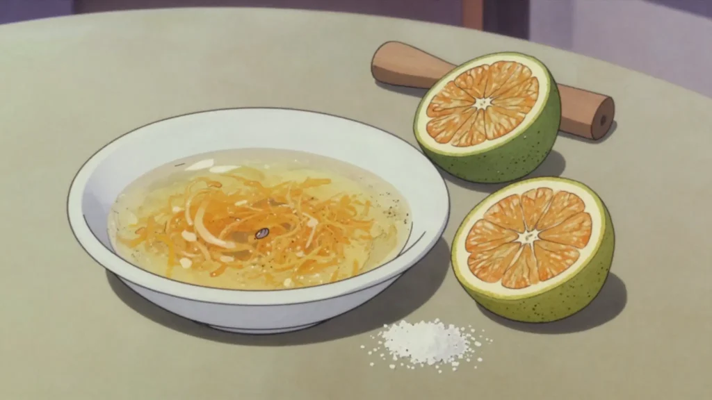 Agrio de naranja, salted sour orange juice used to season and to sprinkle, Dominican Republic sauce & condiment, anime style