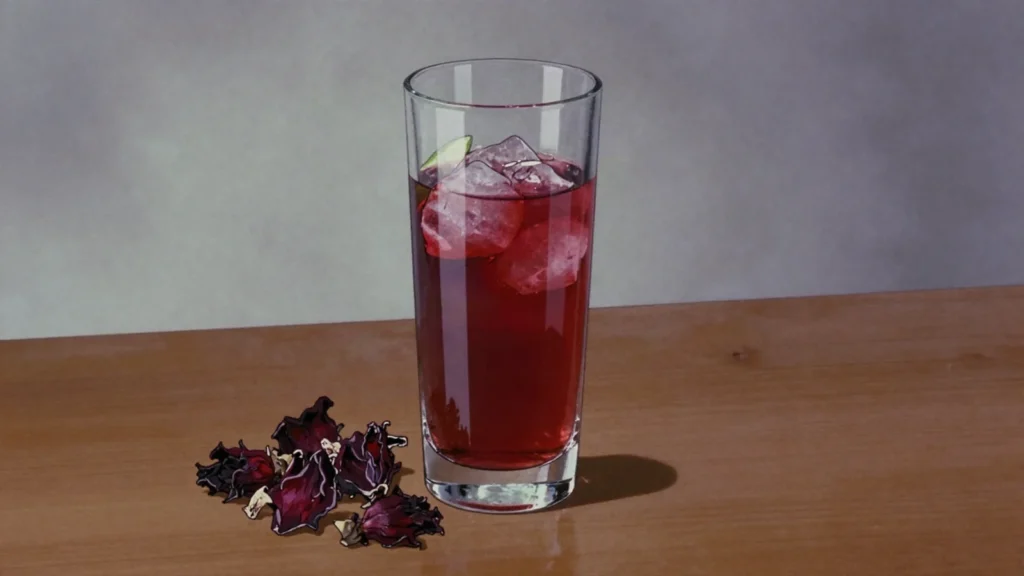 Agua de jamaica, deep red hibiscus calyx infusion, sweetened and served over ice, Mexico drink, anime style