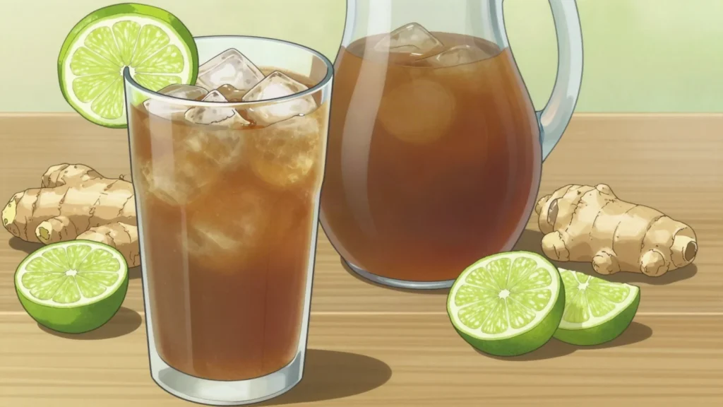 Agua de sapo, cold drink of tapa dulce, fresh ginger and lime juice, Costa Rica drink, anime style