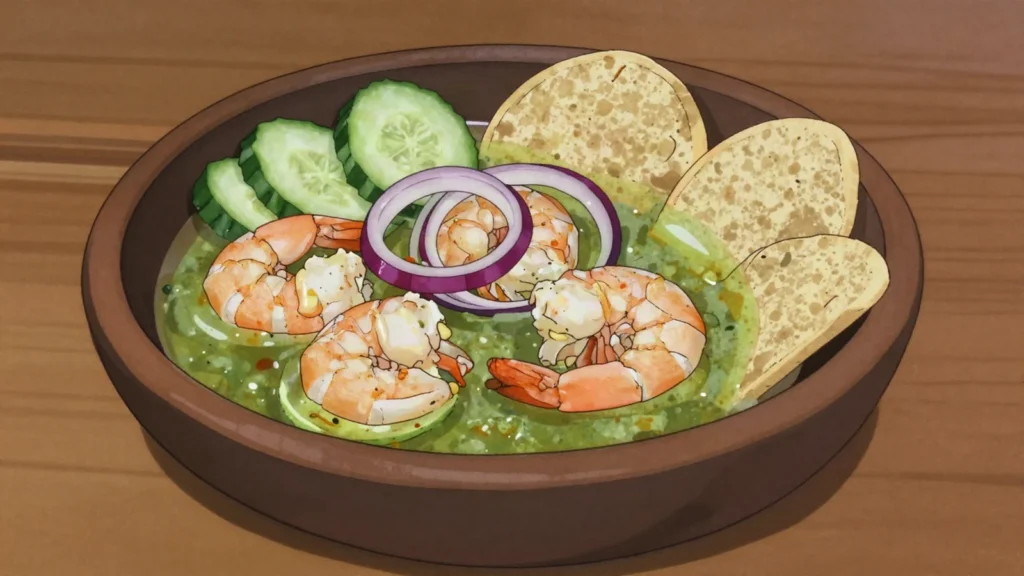 Aguachile, raw shrimp drowned in lime juice, chiltepin chile and cucumber, Mexico main, anime style