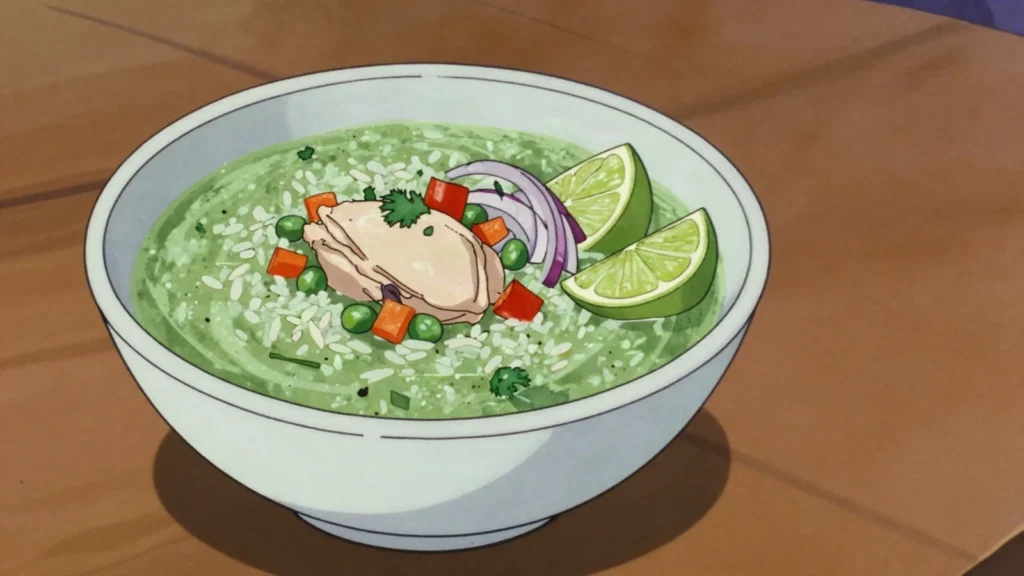 Aguadito de pollo, brothy cilantro rice soup with chicken; late-night revival, Peru soup & stew, anime style