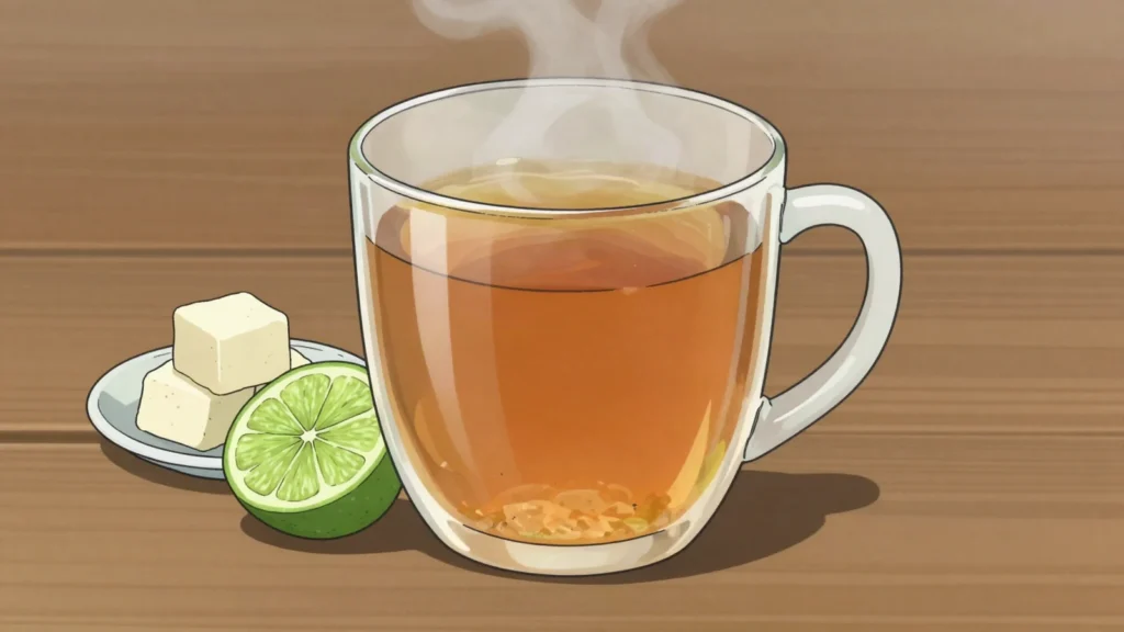 Aguapanela, hot or cold cane-sugar infusion with lime; often with cheese, Colombia drink, anime style