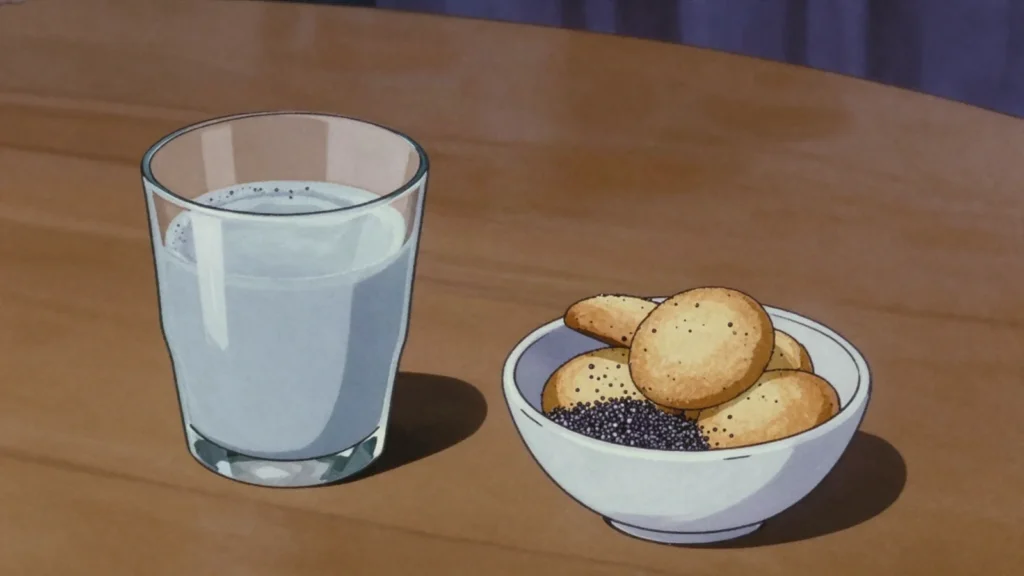 Aguonų pienas, ground poppy seeds steeped in water and sweetened, poured over kūčiukai, Lithuania drink, anime style