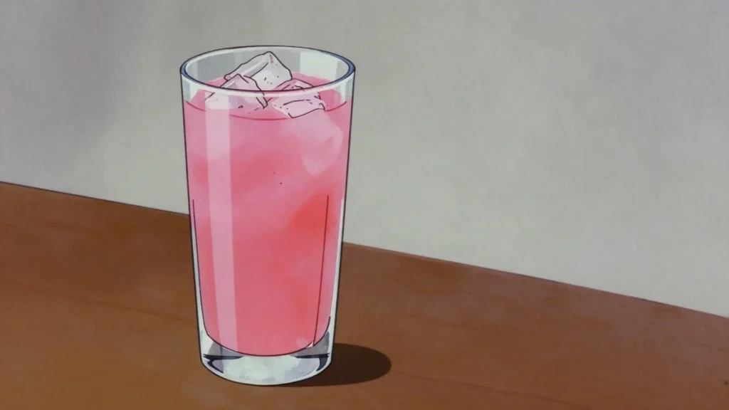 Air Bandung, rose syrup stirred into evaporated milk and served bright pink over ice, Malaysia drink, anime style