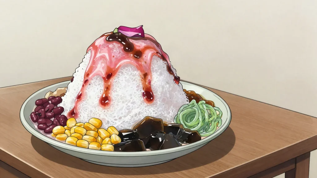 Air Batu Campur, shaved ice heaped with beans, jelly, sweetcorn and coloured syrups, Brunei dessert, anime style