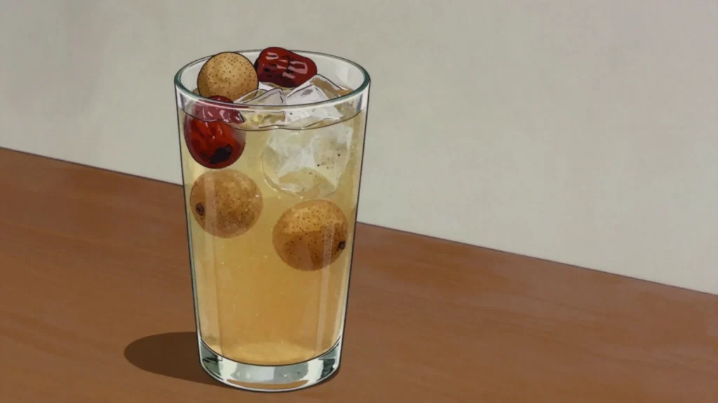 Air Mata Kucing, chilled brew of dried longan, monk fruit and winter melon sugar, Malaysia drink, anime style