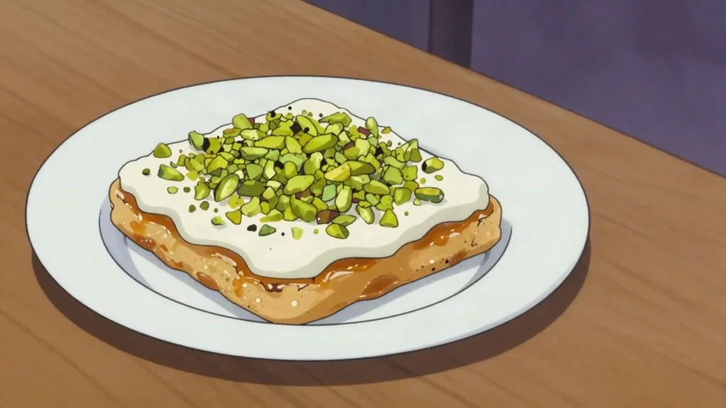 Aish el-saraya, syrup-soaked bread base under thick ashta cream and crushed pistachios, Syria dessert, anime style