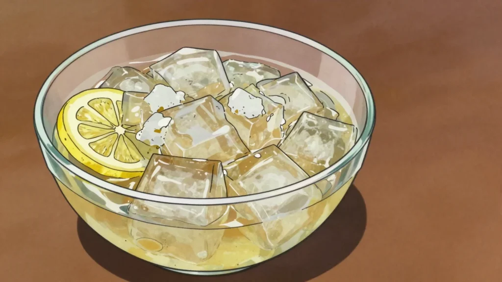 Aiyu Jelly, wobbly plant jelly in iced lemon syrup, made from washed creeping-fig seeds, Taiwan dessert, anime style