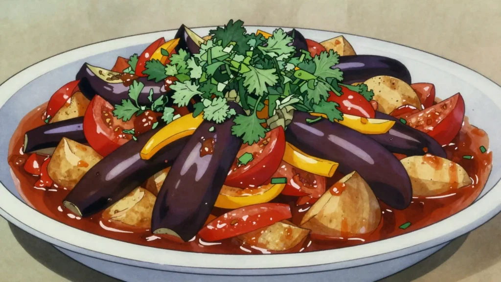 Ajapsandali, summer ratatouille of eggplant, tomato, pepper and herbs, Georgia salad & side, anime style