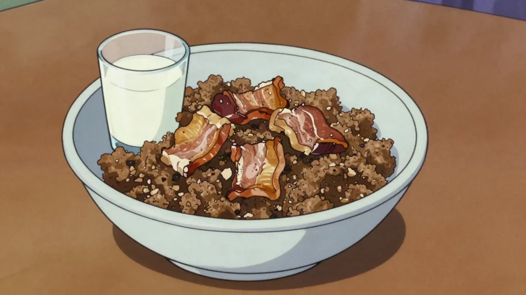 Ajdovi žganci, buckwheat spoonbread topped with cracklings, Slovenia salad & side, anime style