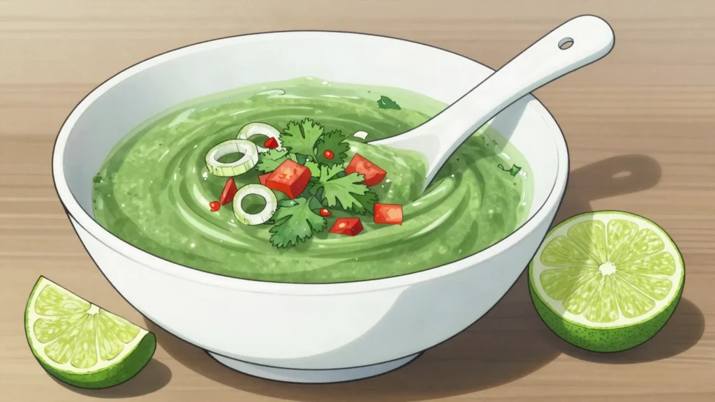 Ají, cilantro-scallion chili salsa spooned over empanadas and grilled meats, Colombia sauce & condiment, anime style
