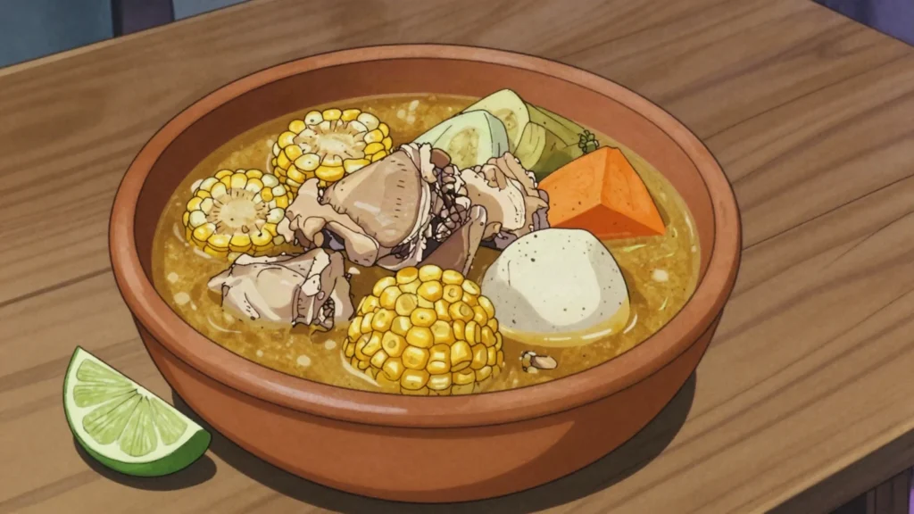 Ajiaco, country stew of assorted meats and root vegetables, Cuba soup & stew, anime style