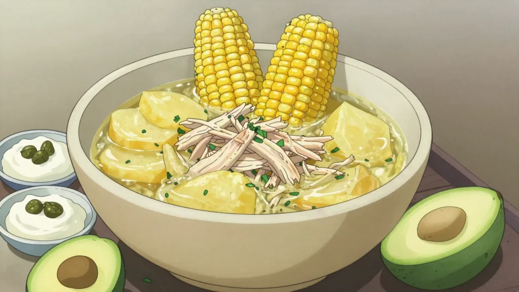 Ajiaco, bogotá chicken soup of three potatoes, corn and guascas, with capers, cream, Colombia soup & stew, anime style