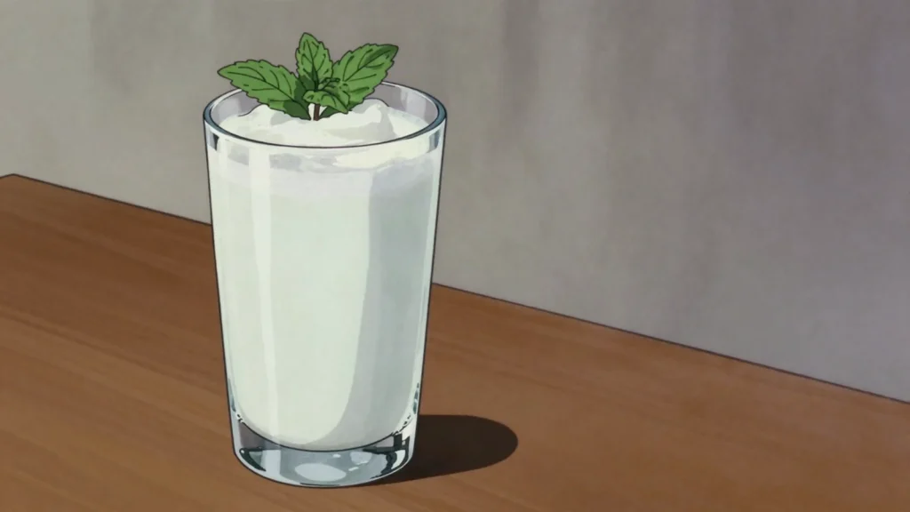 Ajran, cold salted yoghurt drink poured with burek and grilled meat, North Macedonia drink, anime style