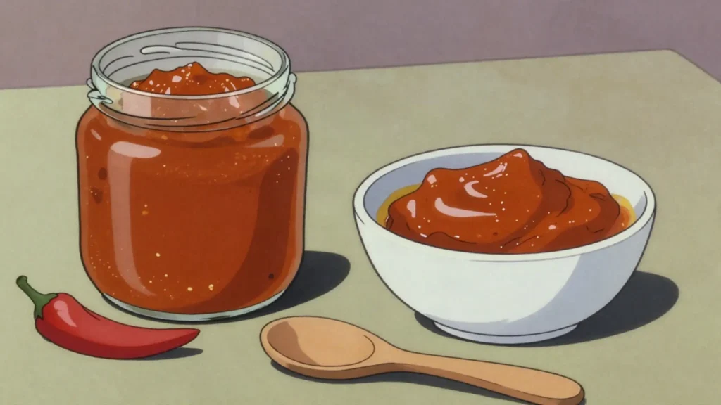Ajvar, roasted red-pepper relish made each autumn, Kosovo sauce & condiment, anime style