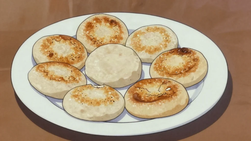 Akar Cadaka, sago flour mixed with grated coconut and roasted on a hot clay plate, Timor-Leste dessert, anime style