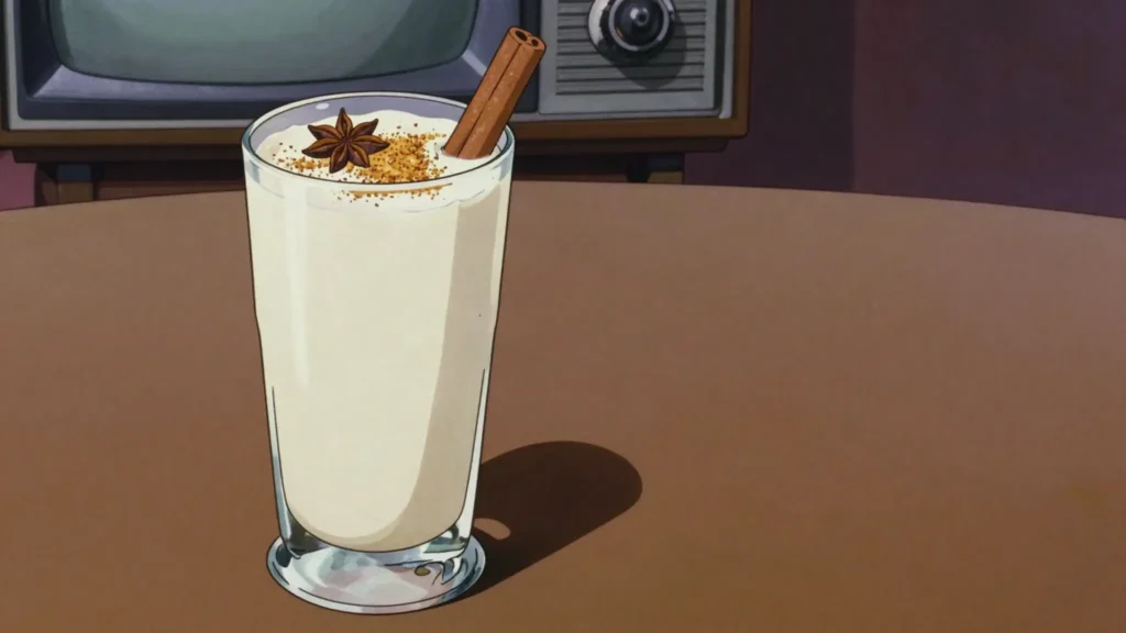 Akasan, corn-flour shake with vanilla, star anise, milk, Haiti drink, anime style