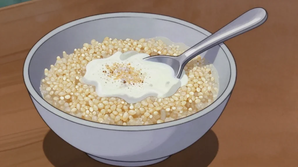 Aklui, granular millet porridge taken with sugar or soured milk, Togo breakfast, anime style