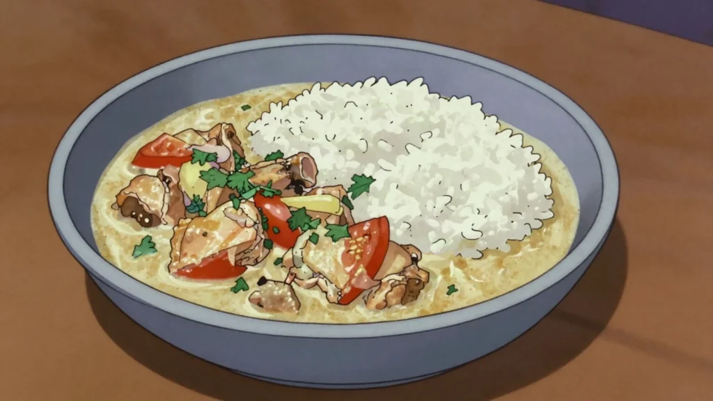 Akoho sy voanio, chicken simmered in coconut milk with ginger, northern classic, Madagascar main, anime style