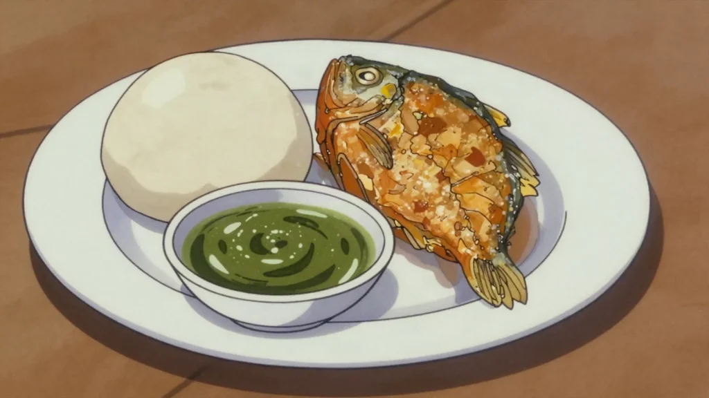 Akoumé, fermented corn dough swallow, the daily staple, Togo main, anime style