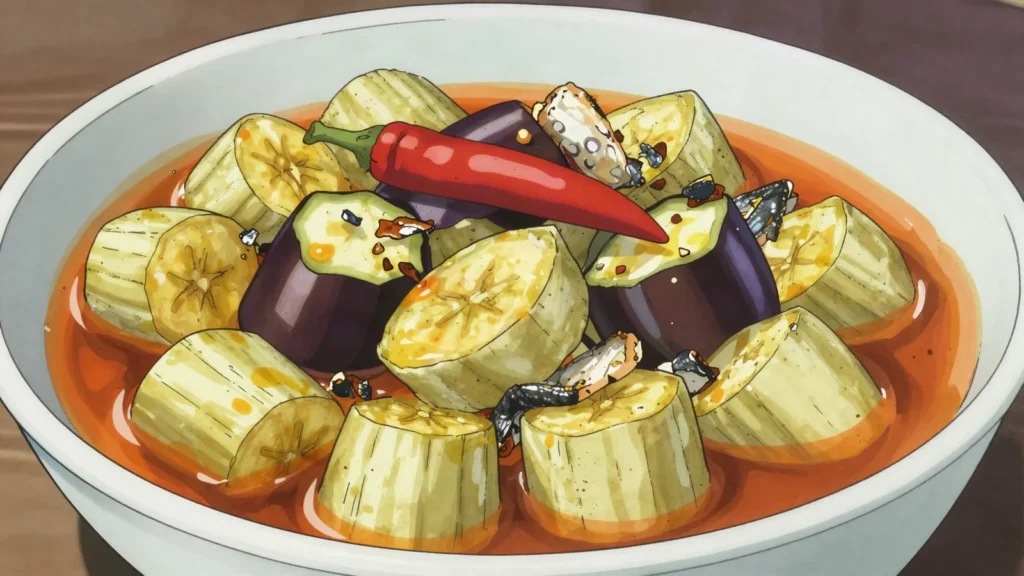 Akpessi, boiled plantain or eggplant one-pot with smoked fish and palm oil, Côte d'Ivoire main, anime style