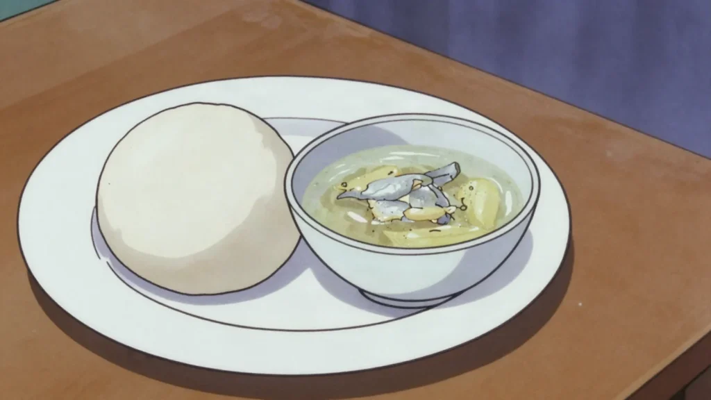 Akpu, cassava steeped under water until soft and sour, then cooked and pounded, Nigeria fermented & pickled, anime style