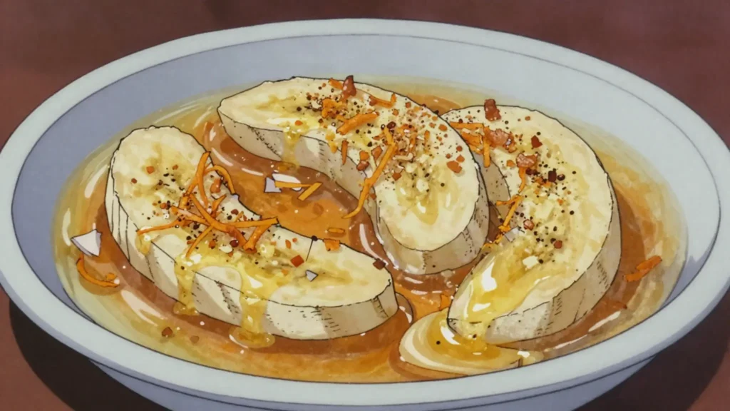 Akwadu, baked banana with coconut and citrus, Equatorial Guinea dessert, anime style