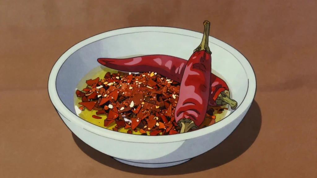 Aleppo pepper, sun-dried crushed red pepper, fruity and mildly hot, oiled to a coarse, Syria sauce & condiment, anime style