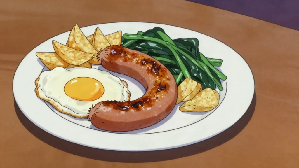 Alheira, garlicky bread-and-game sausage, fried with egg and fries, Portugal charcuterie & cured, anime style