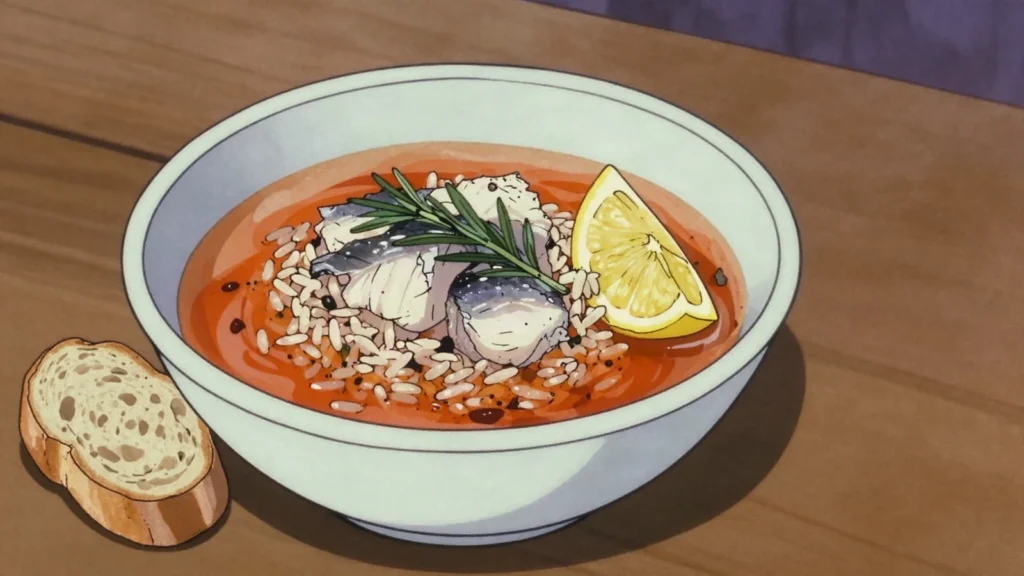 Aljotta, garlicky fish soup with rice, marjoram, lemon, Malta soup & stew, anime style