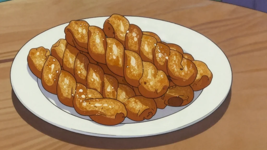 Alkaki, twisted ropes of fried wheat dough soaked in sugar syrup, Niger snack, anime style