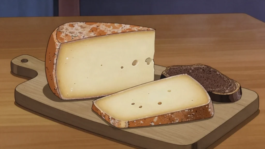 Allgäuer Bergkäse, hard alpine cow's cheese, nutty and aged, cut in thick slices, Germany cheese & dairy, anime style