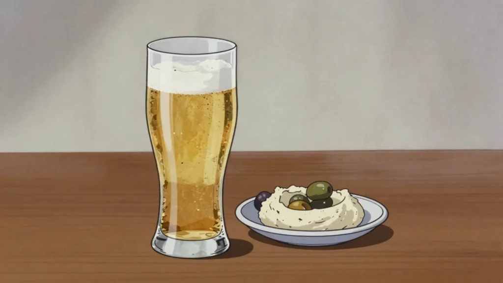 Almaza, pale lager drunk cold with mezze along the coast, Lebanon wine & spirit, anime style