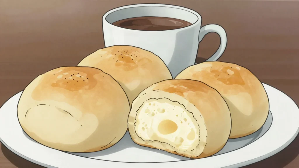 Almojábana, soft cheese-and-corn roll, eaten warm with hot chocolate, Colombia bread & pastry, anime style