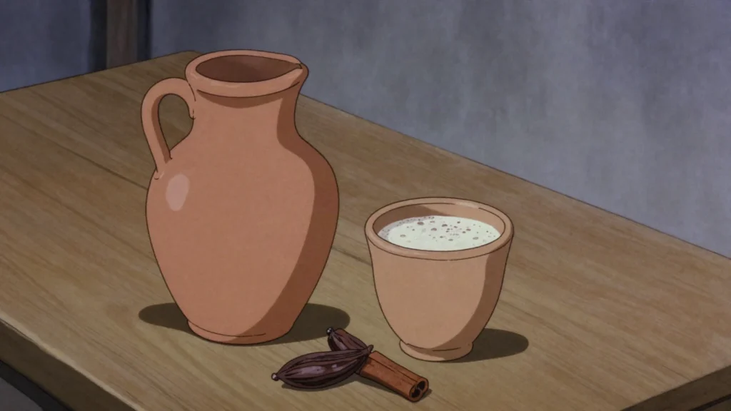 Aloja, fermented drink of ground carob pods, cloudy and low in alcohol, Argentina wine & spirit, anime style