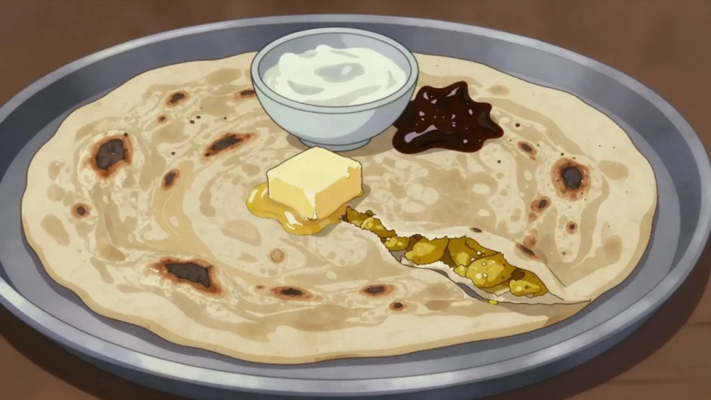 Aloo Paratha, griddled flatbread stuffed with spiced potato, served with curd and pickle, India breakfast, anime style