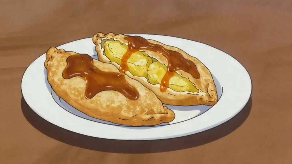 Aloo pie, fried dough pockets stuffed with spiced potato, Trinidad and Tobago snack, anime style