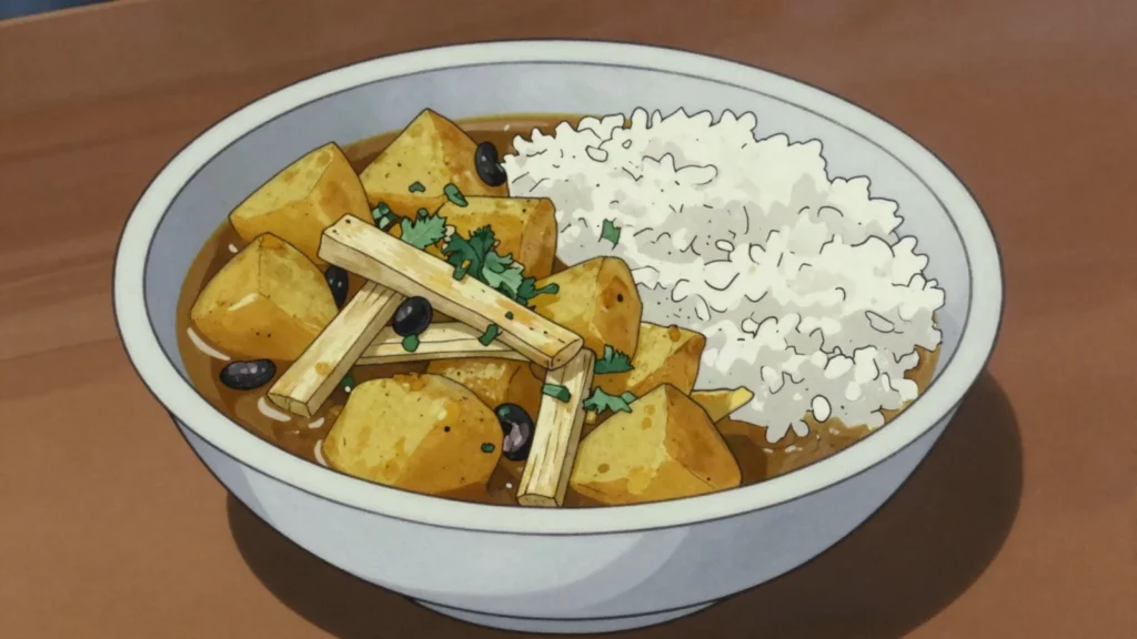 Aloo Tama, sour curry of potatoes, fermented bamboo shoots and black-eyed peas, Nepal soup & stew, anime style