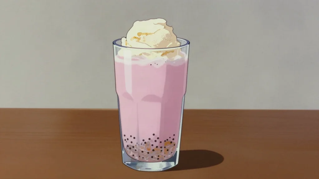 Alouda, iced milk with basil seeds, agar jelly and syrup, Mauritius drink, anime style